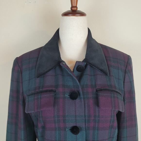 Vintage Kasper Dress 6 Purple Green Plaid Button Down Dark Academia Tailored - Picture 3 of 11